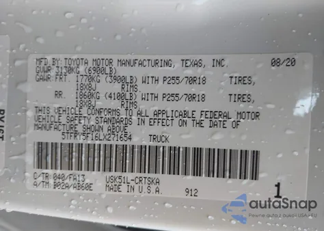 2020 Toyota Tundra Double Cab Sr z USA, uszkodzony, nr VIN 5TFRY5F16LX271654